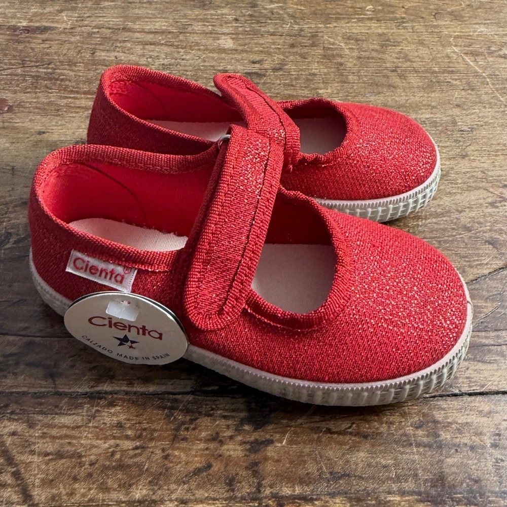 Cienta Red Glitter Canvas Mary Jane Shoes Size 23 Kids Girls Made In Spain NWT